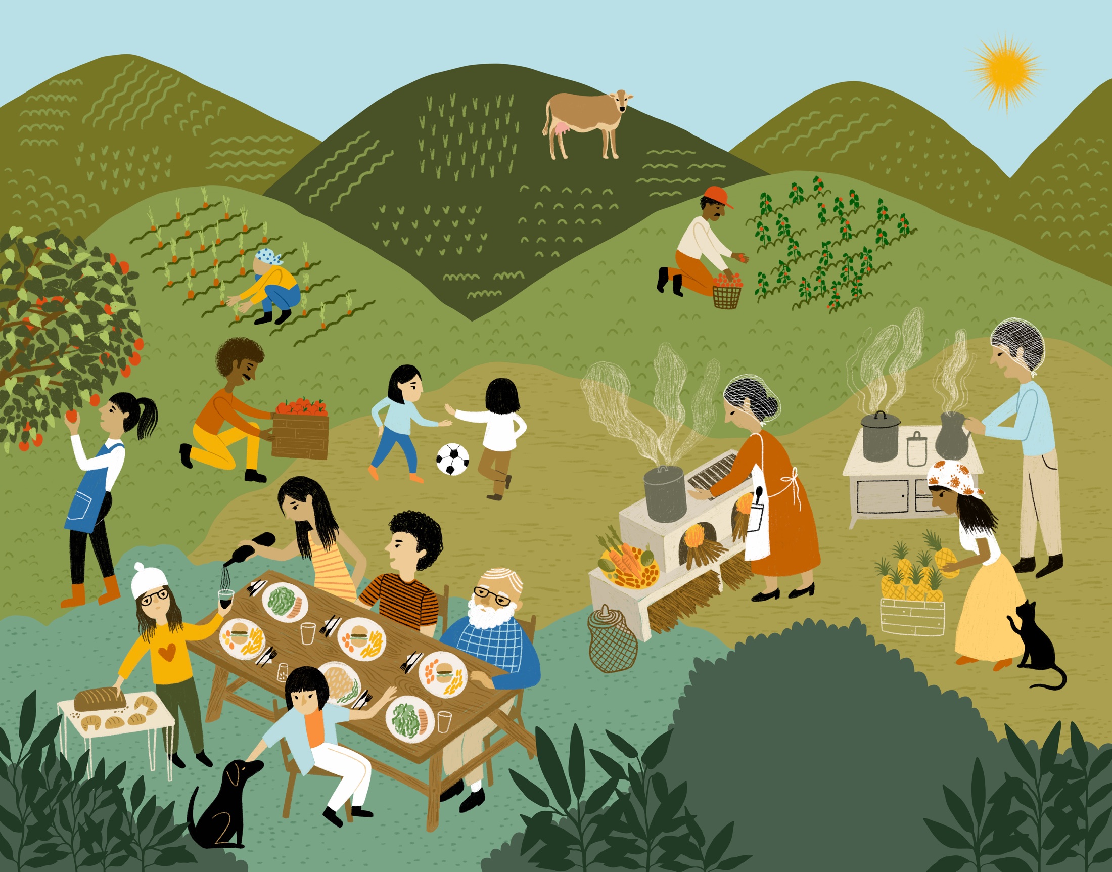 Ilustración de una comunidad campesina compartiendo una mesa larga entre huertas y montañas
